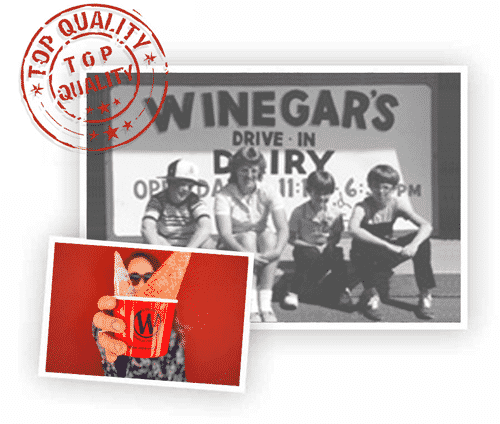 Old photographs of the Winegar's Drive-In Dairy sign and family