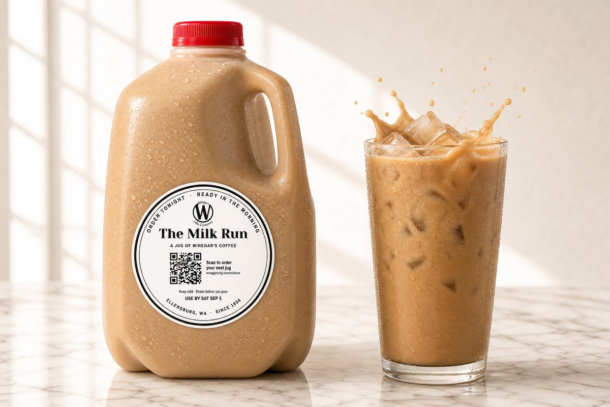 A full Milk Run quart jug beside a tall glass of iced Winegar's coffee